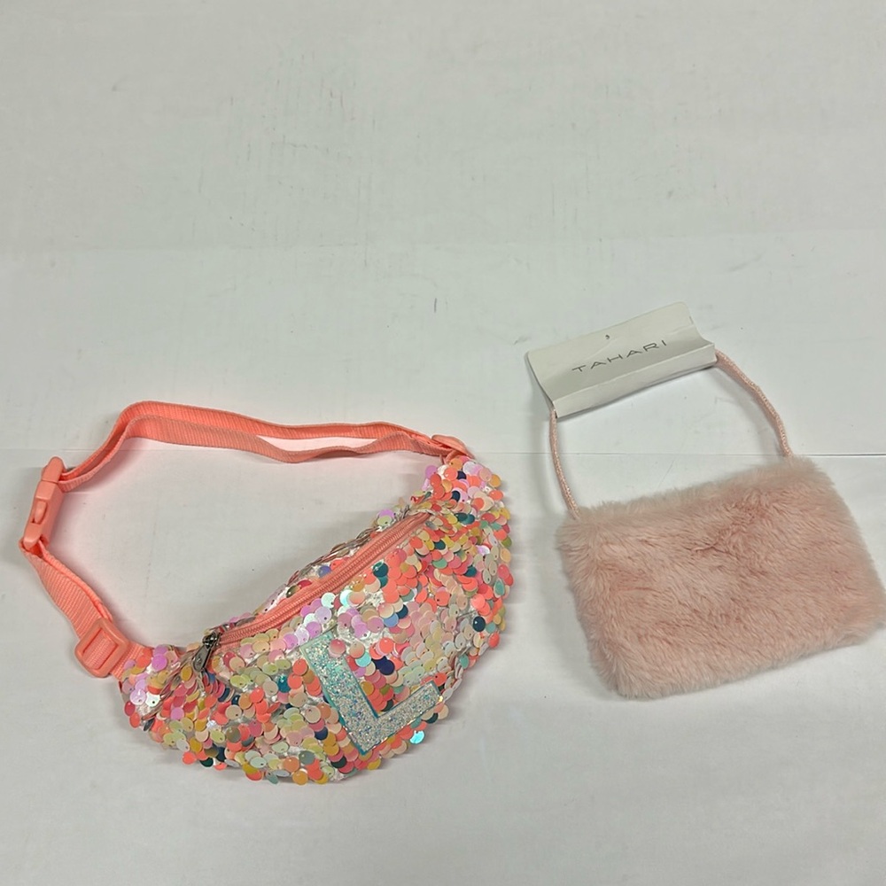 Lot of two items. Justice Sequins Fanny Pack Belt Bag Initial L. Pink plush bag